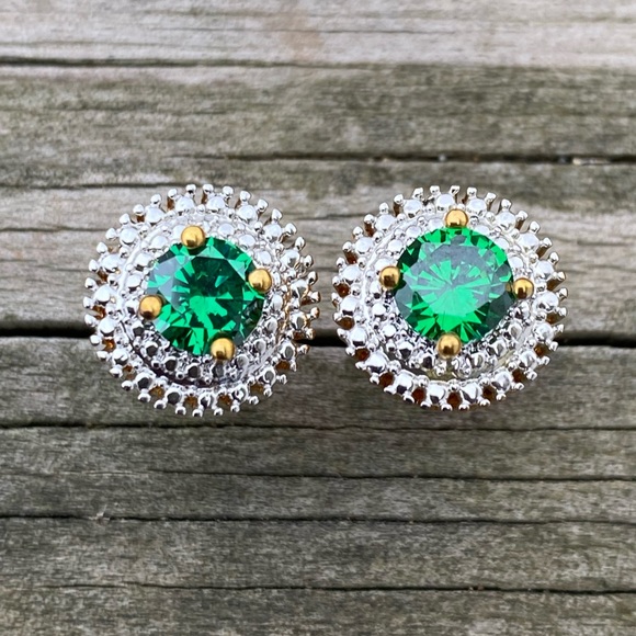 Emerald CZ drop earrings converts to studs or dangle halo gold tone - Picture 7 of 14